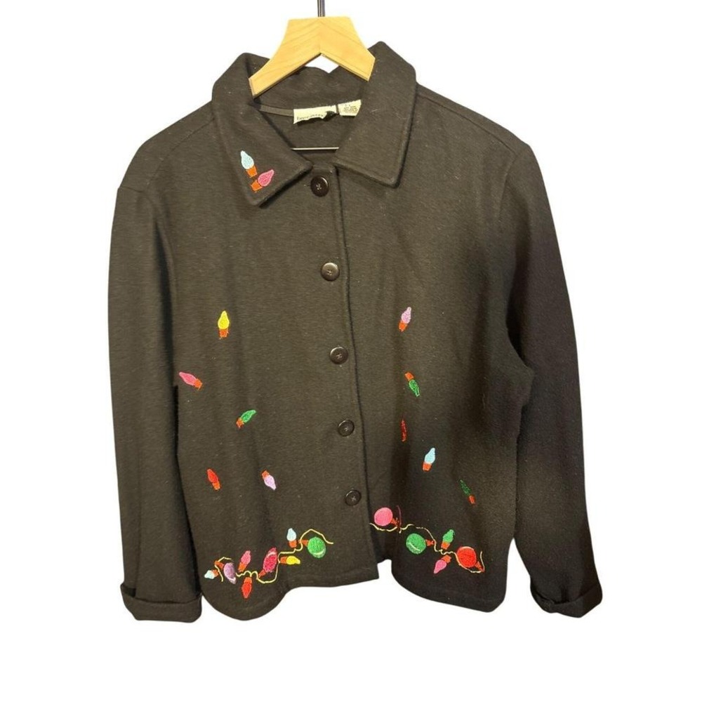 Breckenridge Womens Black Wool Blend Button-Up Jacket With Festive Embroidered H